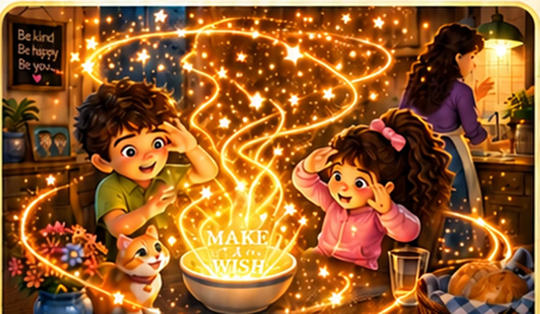 Frankie and Sophie make a wish over the glowing Wishing Bowl with Trina the cat, while Mom watches from the kitchen